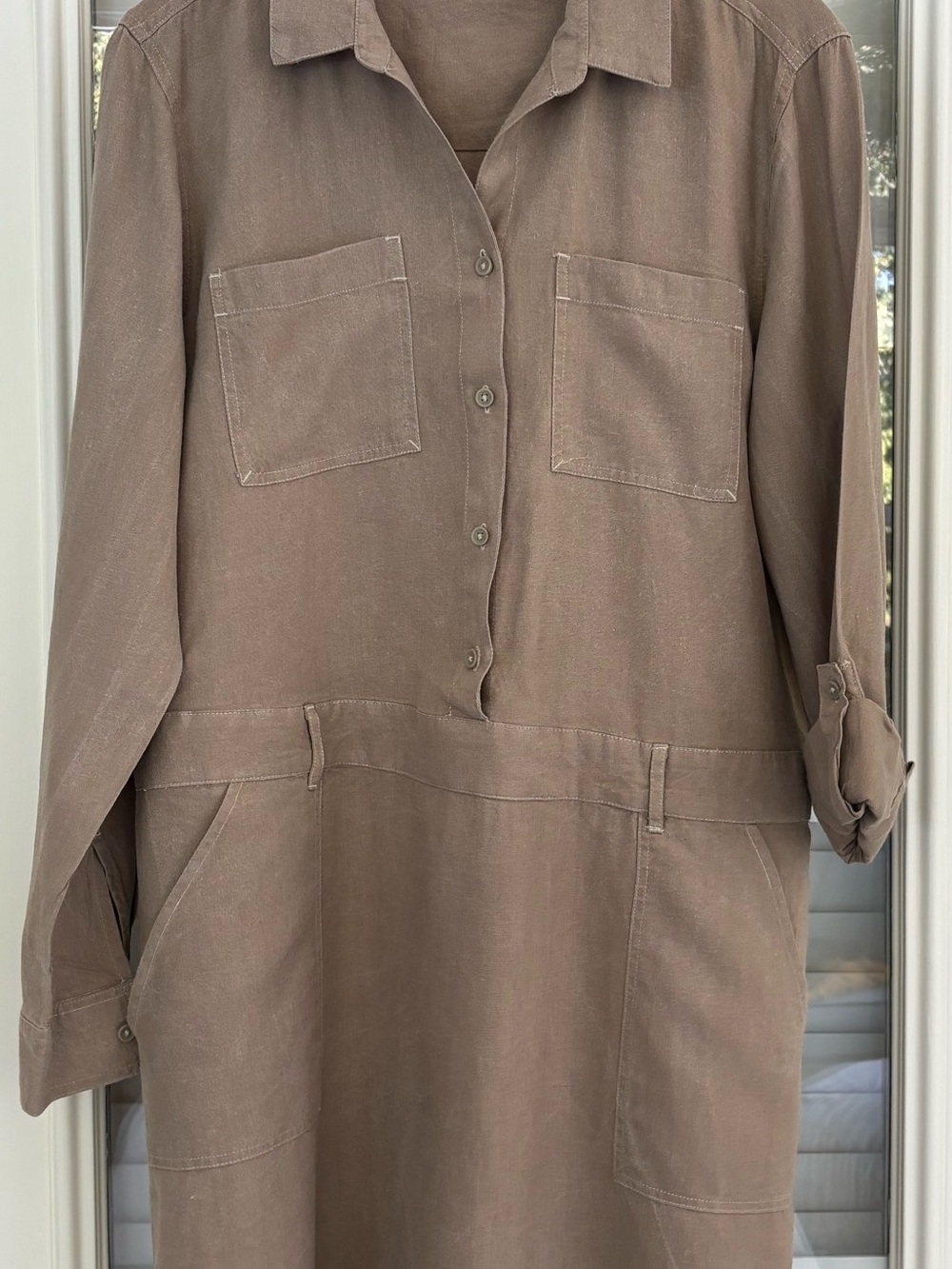 Women's, large, Button-Front Utility dress in khaki, beach/travel ready,